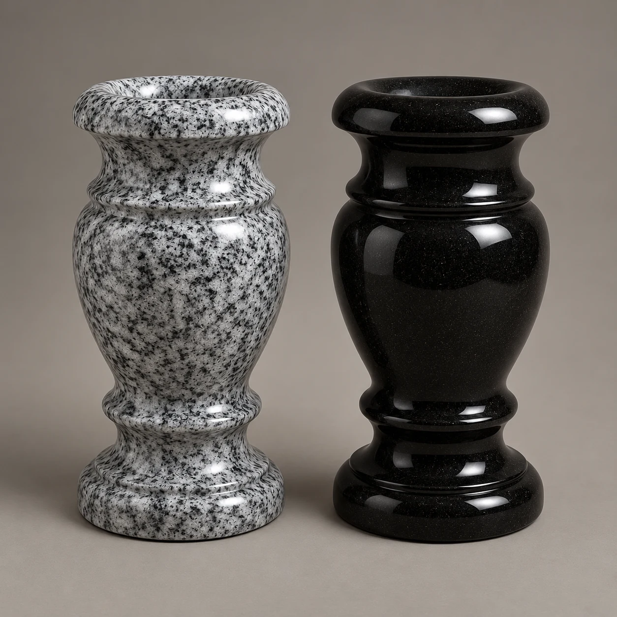 Set de vaze funerare din granit gri și negru