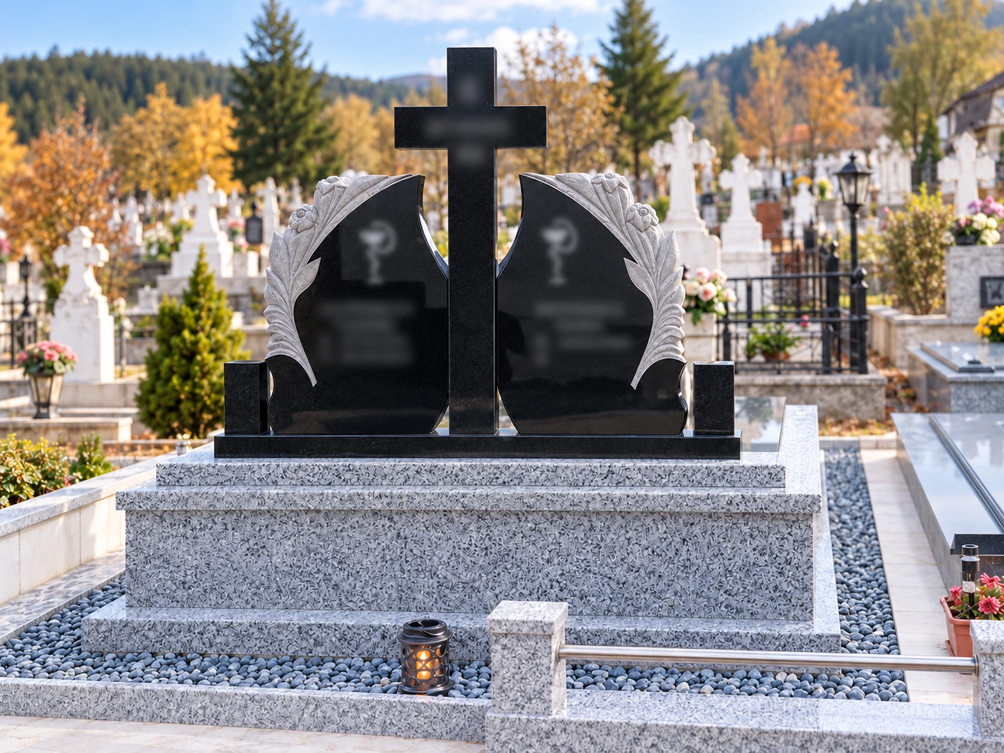 Monument funerar dublu din granit negru și gri
