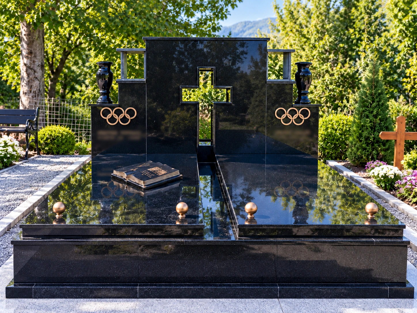 Monument funerar din granit negru cu decupaj în cruce
