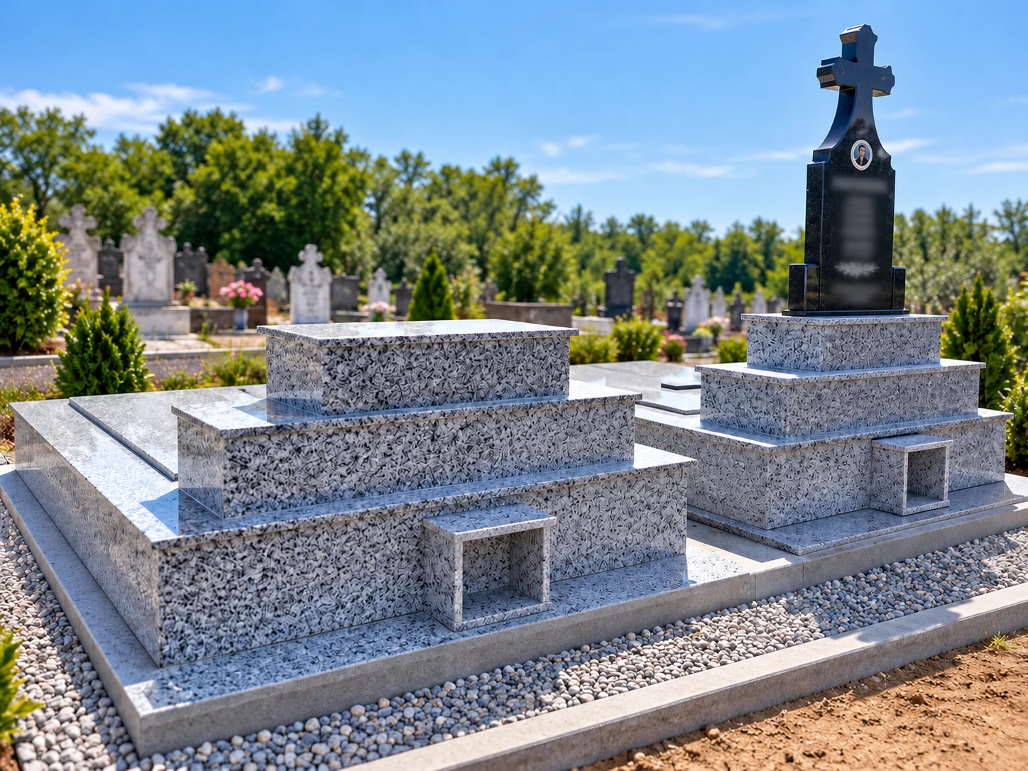 Cavou din granit gri cu monument negru