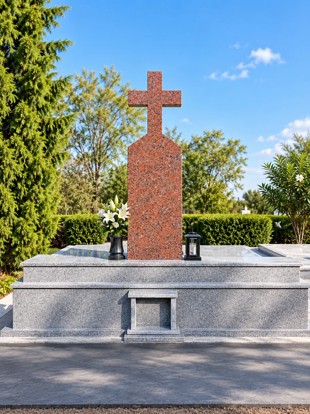 Cavou din granit gri cu monument din granit roșu