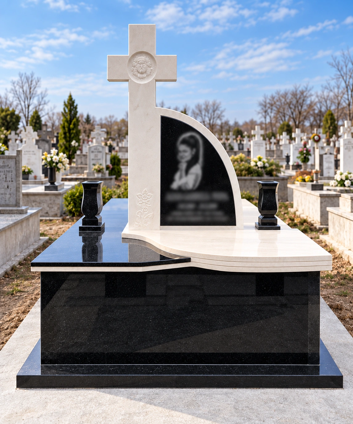 Monument funerar alb-negru cu cruce monumentală